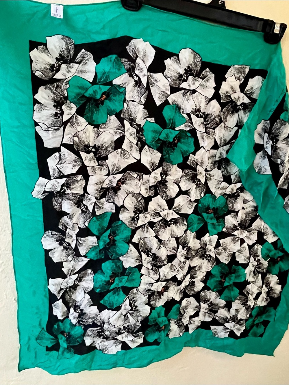 Oscar de la Renta Teal Floral Silk Scarf